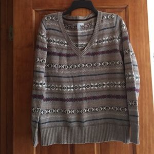 Tan sweater with hot pink, cream, and gray accents