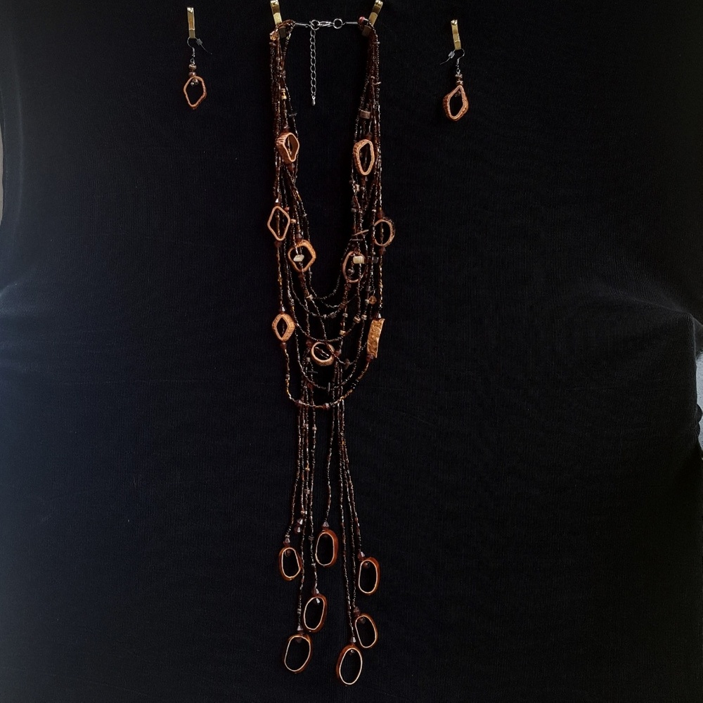 Eight Strand Hollow Wood and Bead Drop Necklace