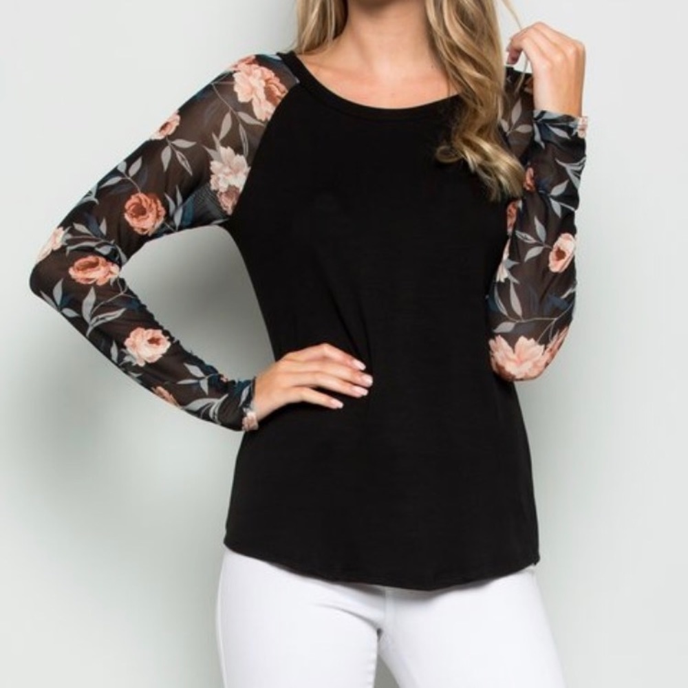 Black & floral sleeve raglan tee