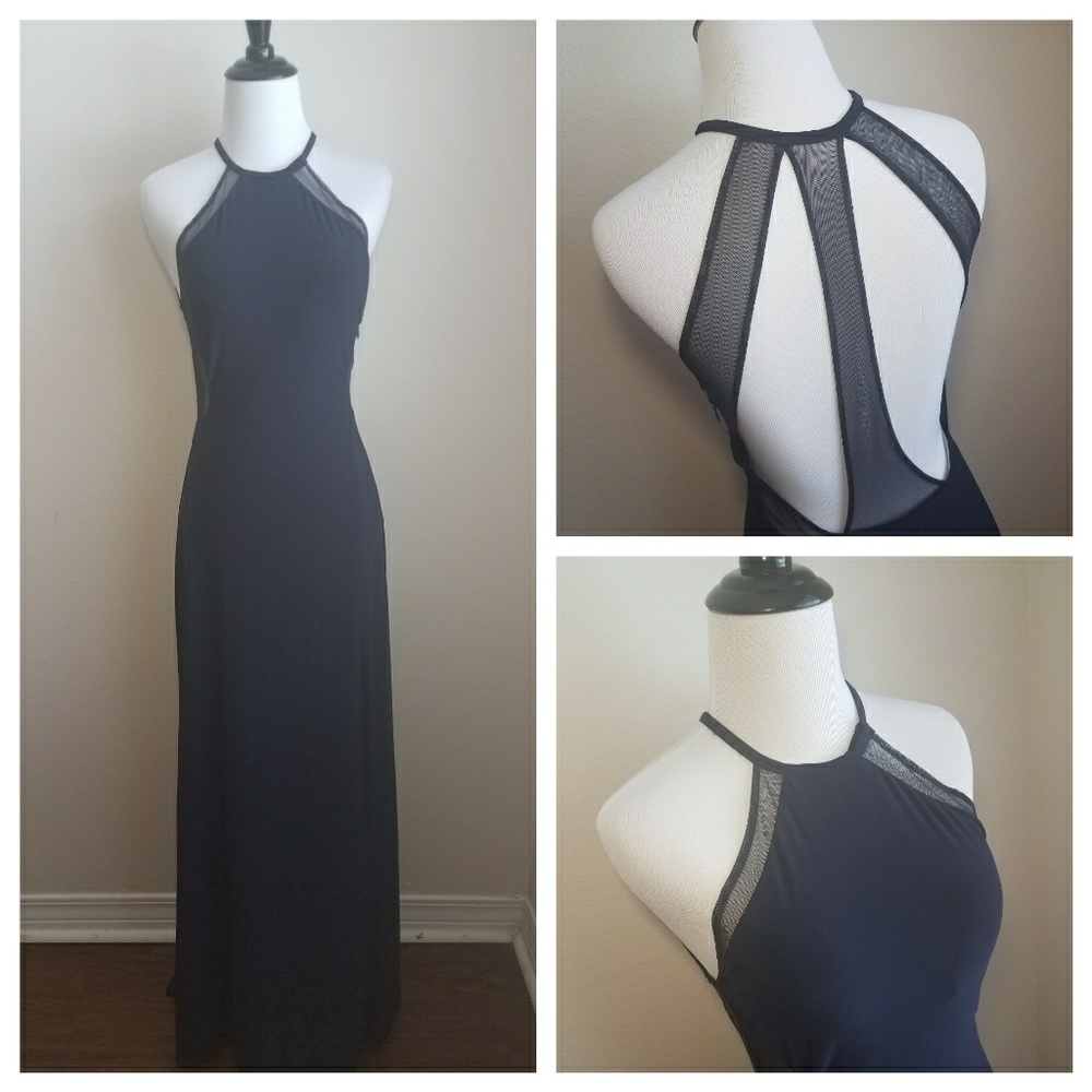 *Final* Navy High Neck Mesh Detail Open Back Gown