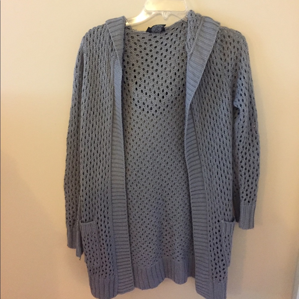 Gray cardigan with holes, Hood, and pockets