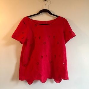 Red Floral Eyelet Embroidered Scalloped Top
