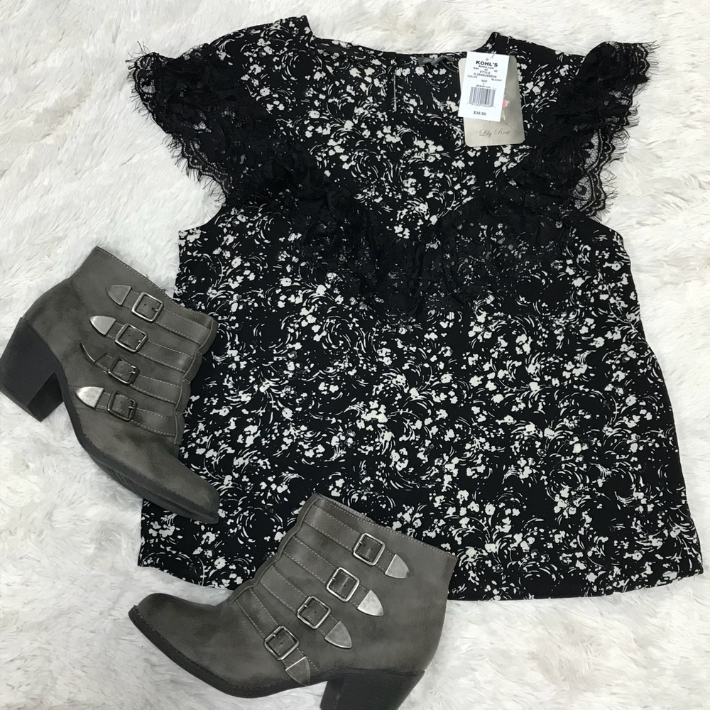 BRAND NEW black & white frilly lace top