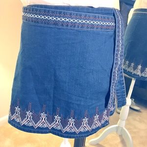 Denim wrap mini skirt embroidery boho aztec