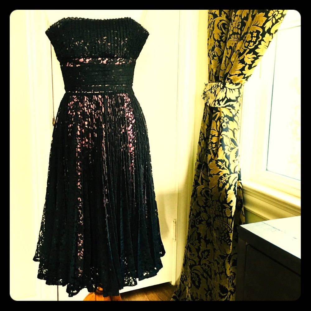 Betsey Johnson pink and black lace evening dress