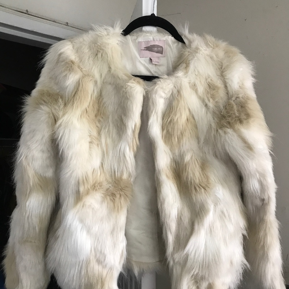 Beige and cream faux fur coat