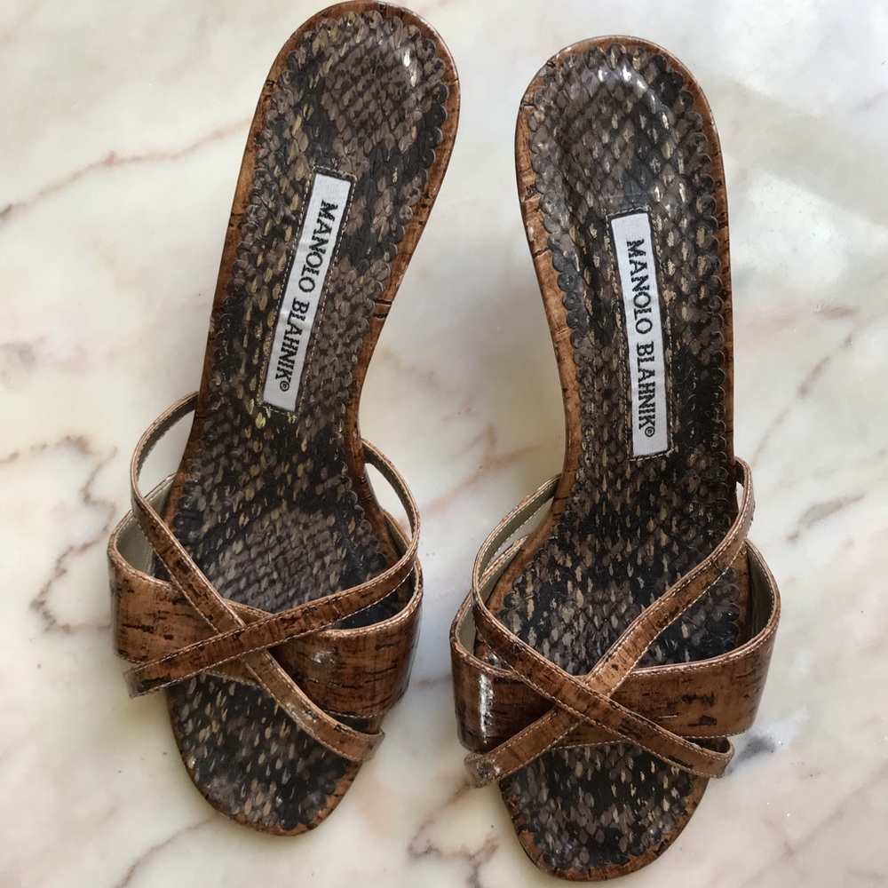 Manolo Blahnik brown textured sandal heels 36.5