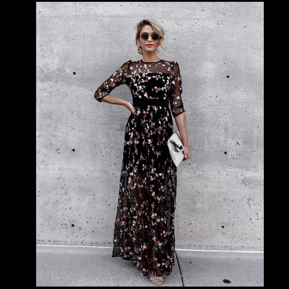 Floral embroidered mesh long sleeve maxi dress