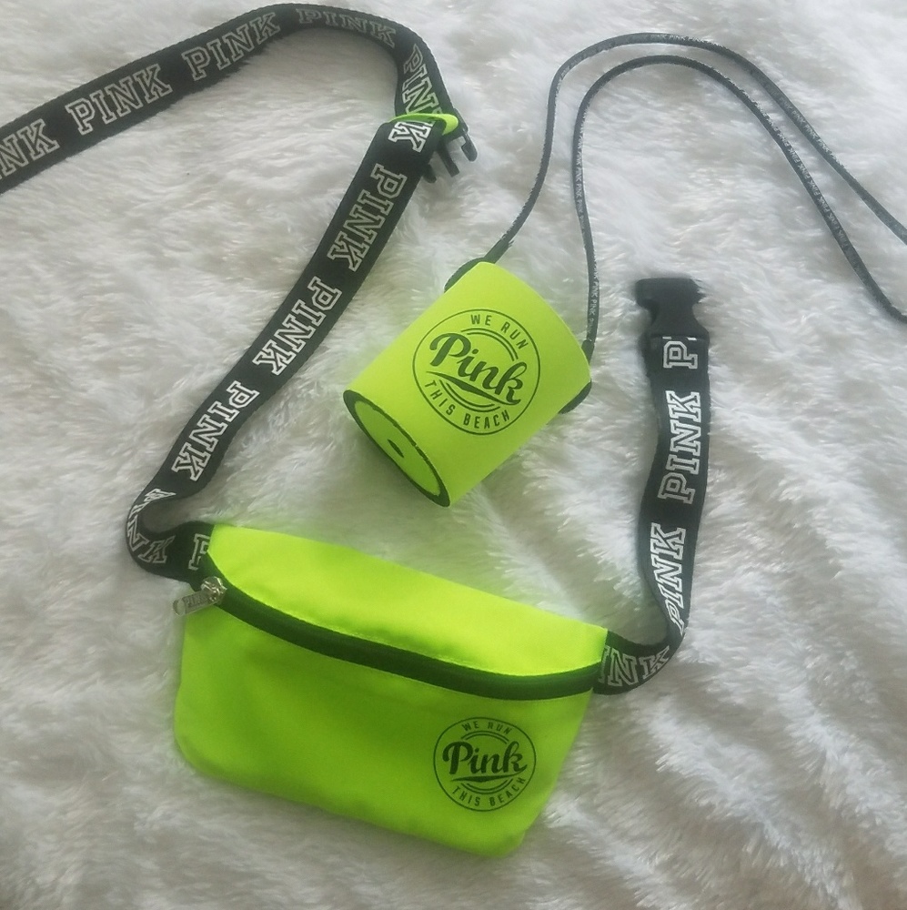 Pink Victoria's Secret fanny pack and koozie