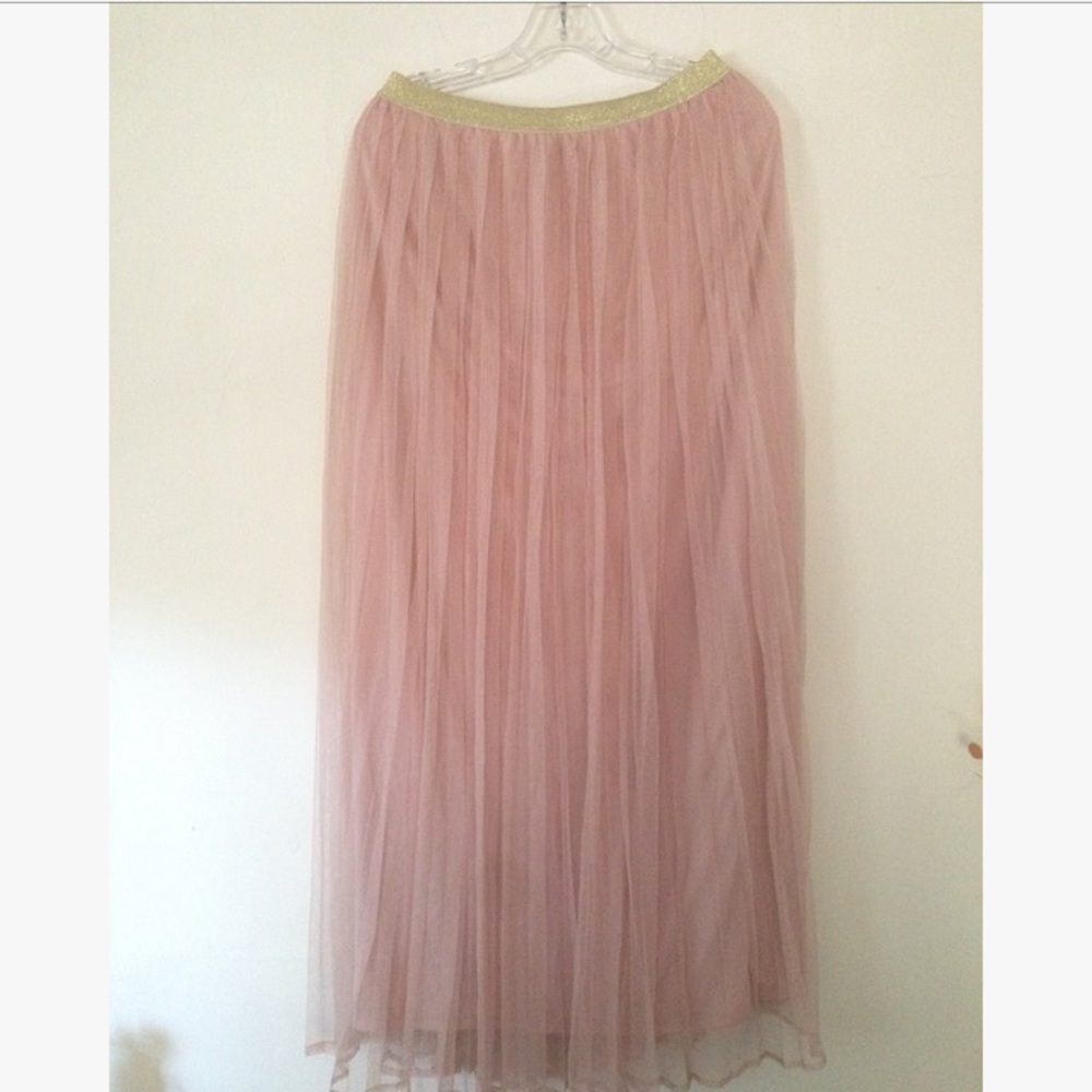Pink tulle maxi skirt with gold elastic waist