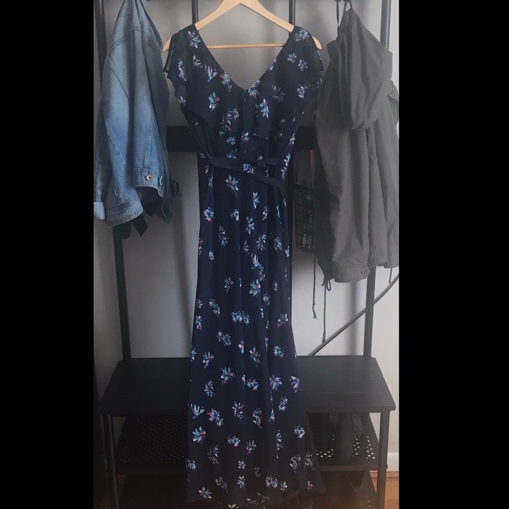 Navy blue floral maxi with flutter sleeves