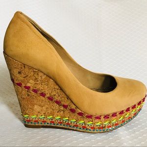 GIANNI BINI Leather Cork Wedges w/ Embellishments