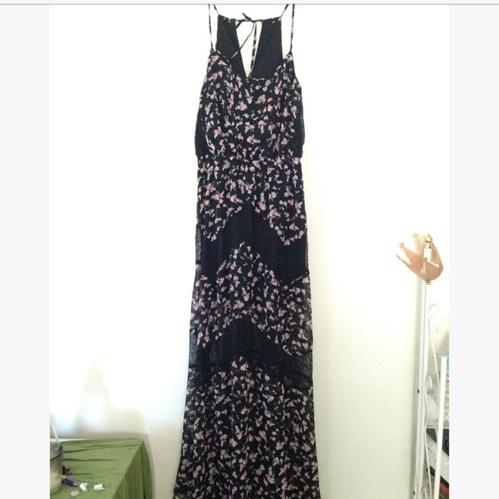 Black and pink lace panel maxi dress