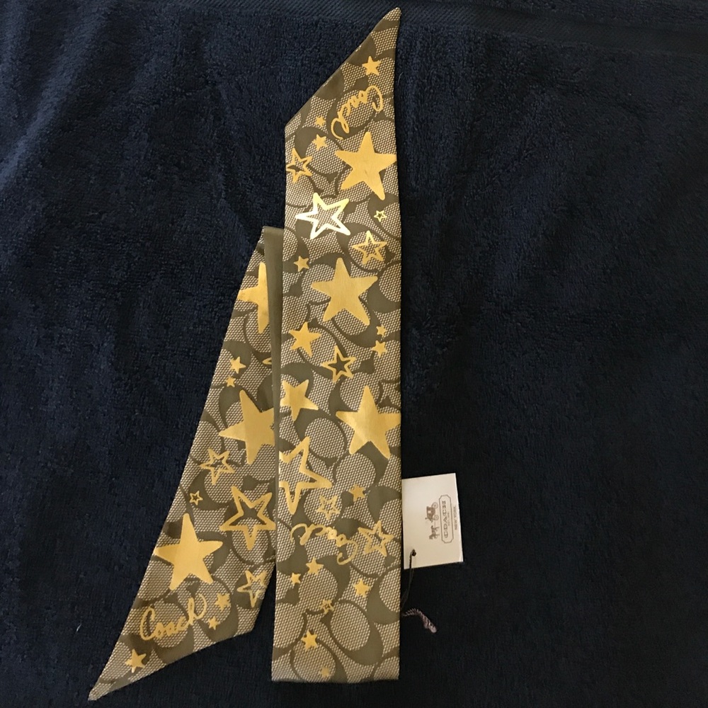 Coach gold brown silk neck scarf pony tail holder.