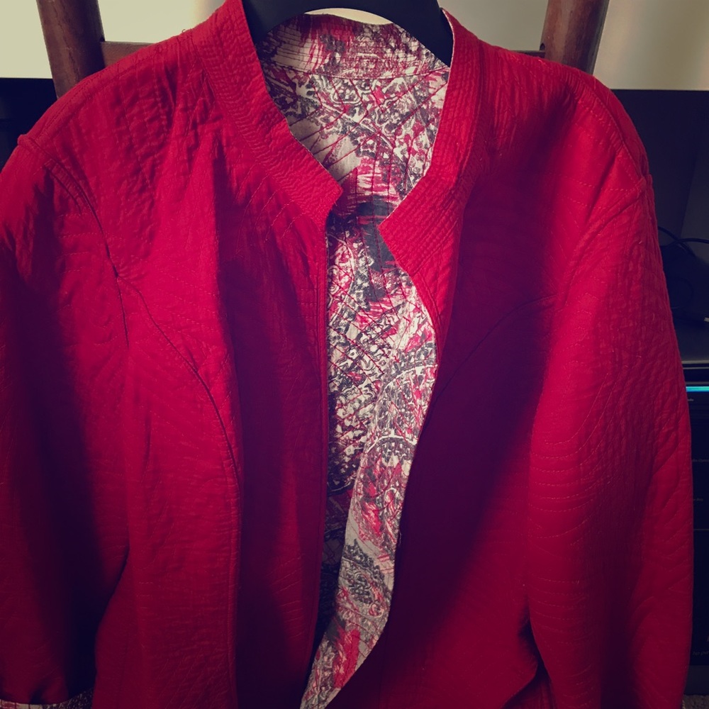 Red and white quilted jacket