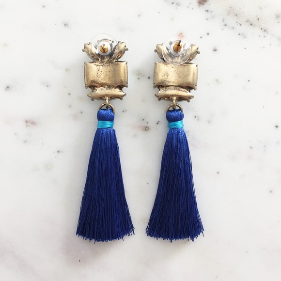 "Greta" Earrings || Blue Tassel Statement - Picture 4 of 9