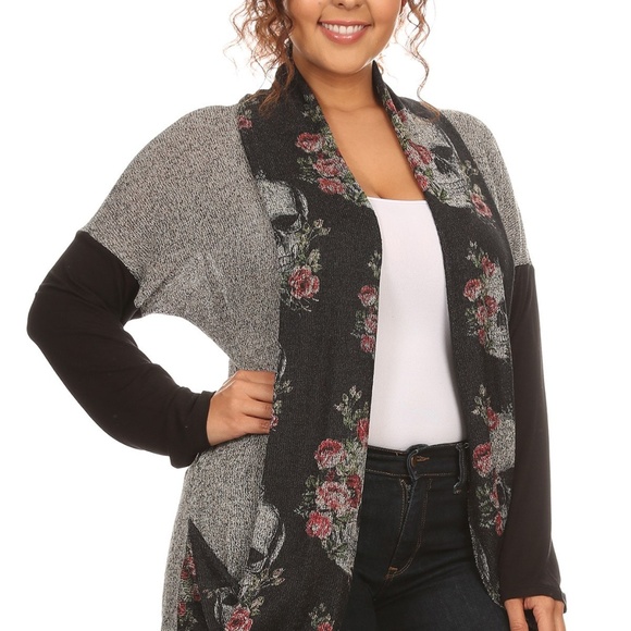 NEW PLUS 2 TONE SKULL ROSES CARDIGAN SWEATER TOP - Picture 2 of 5