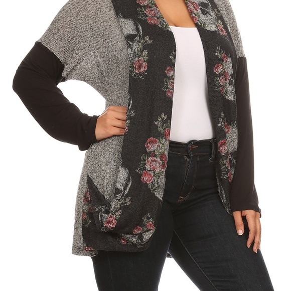 NEW PLUS 2 TONE SKULL ROSES CARDIGAN SWEATER TOP - Picture 5 of 5