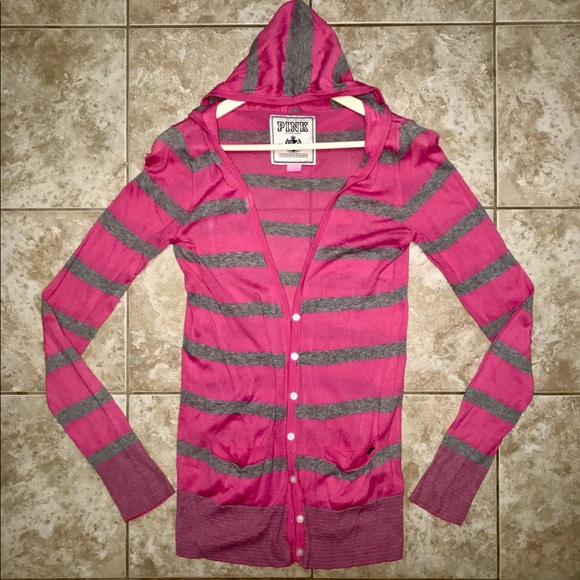 PINK Victoria's Secret Sweaters - VS Pink Grey Stripe Long Cardigan Jacket Button Up