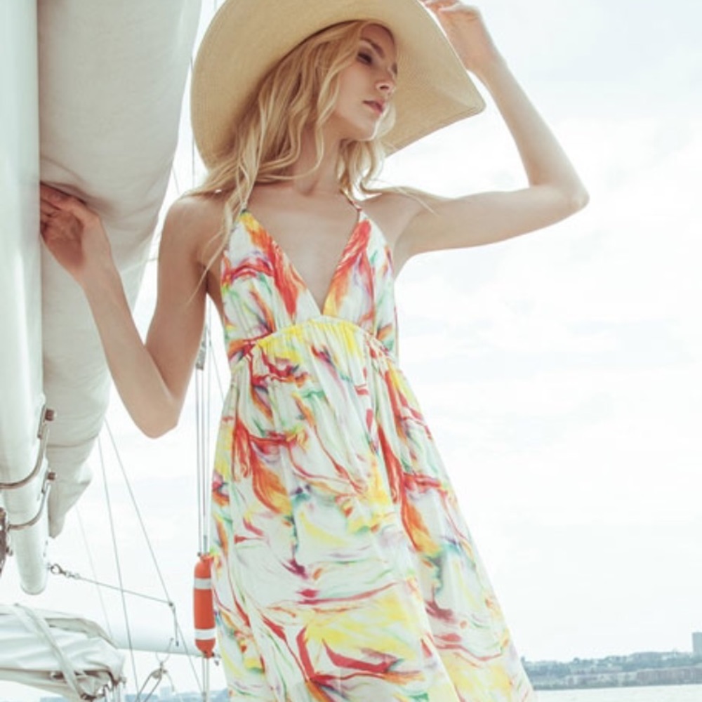 ALICE + OLIVIA MCBAIN PRINT SILK HALTER MAXI DRESS