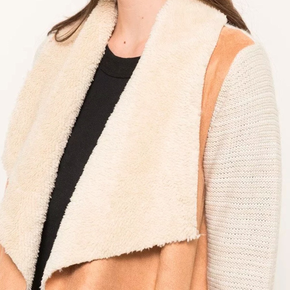 SHERPA FUR LINED SUEDE VEST SWEATER SLEEVE JACKET - Picture 3 of 8