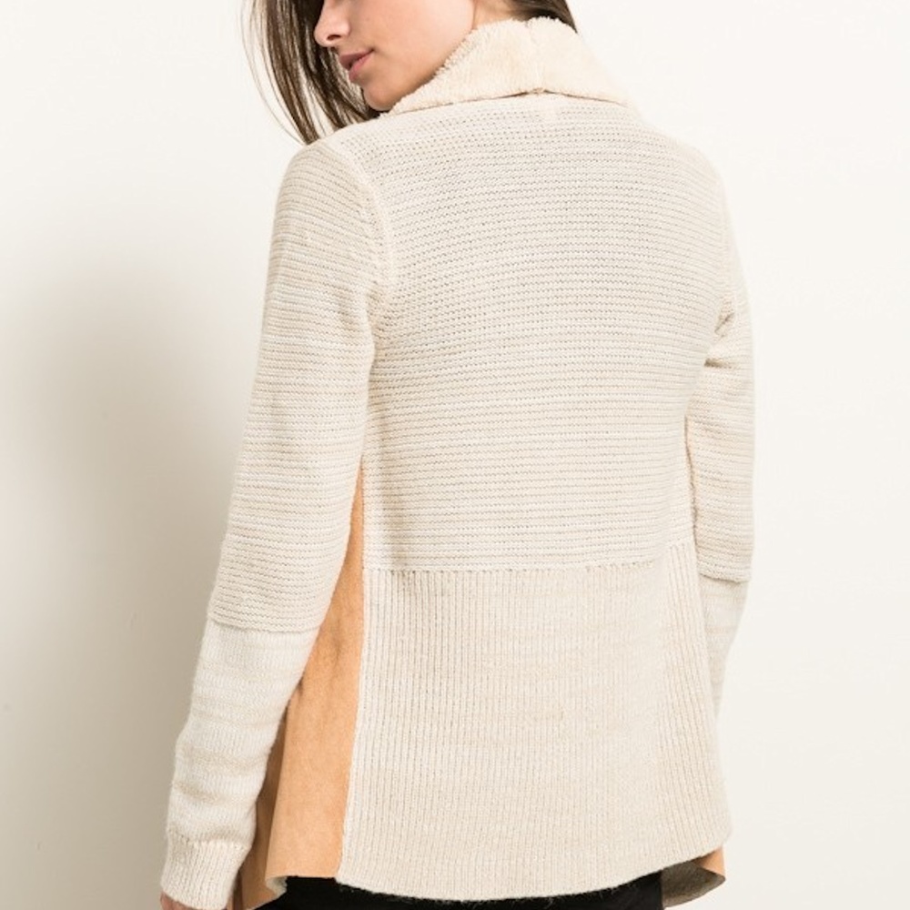 SHERPA FUR LINED SUEDE VEST SWEATER SLEEVE JACKET - Picture 5 of 8