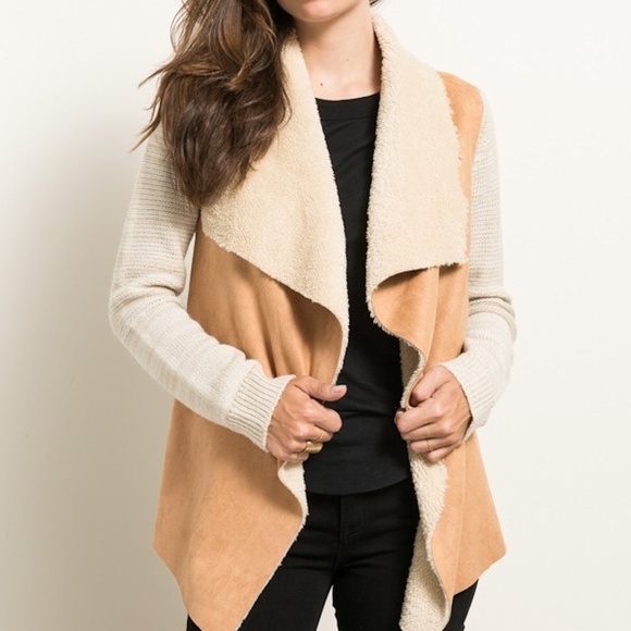 SHERPA FUR LINED SUEDE VEST SWEATER SLEEVE JACKET - Picture 2 of 8