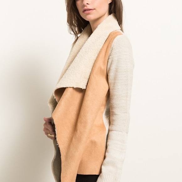 SHERPA FUR LINED SUEDE VEST SWEATER SLEEVE JACKET - Picture 7 of 8