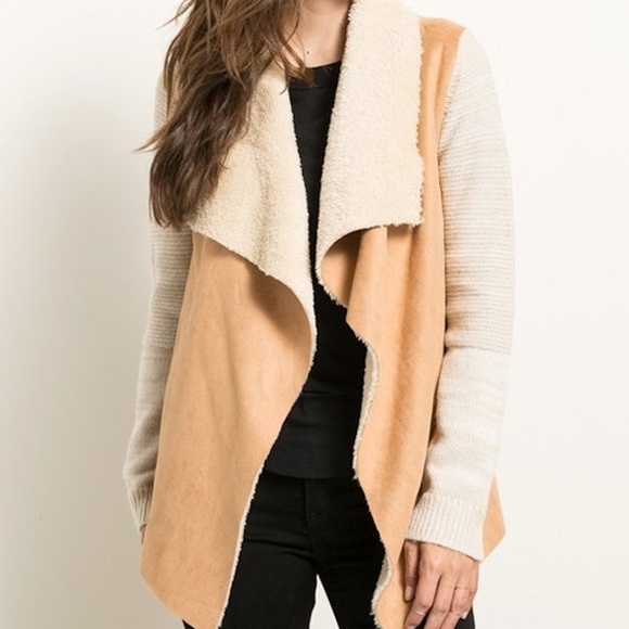SHERPA FUR LINED SUEDE VEST SWEATER SLEEVE JACKET - Picture 8 of 8