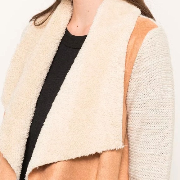 SHERPA FUR LINED SUEDE VEST SWEATER SLEEVE JACKET - Picture 3 of 8