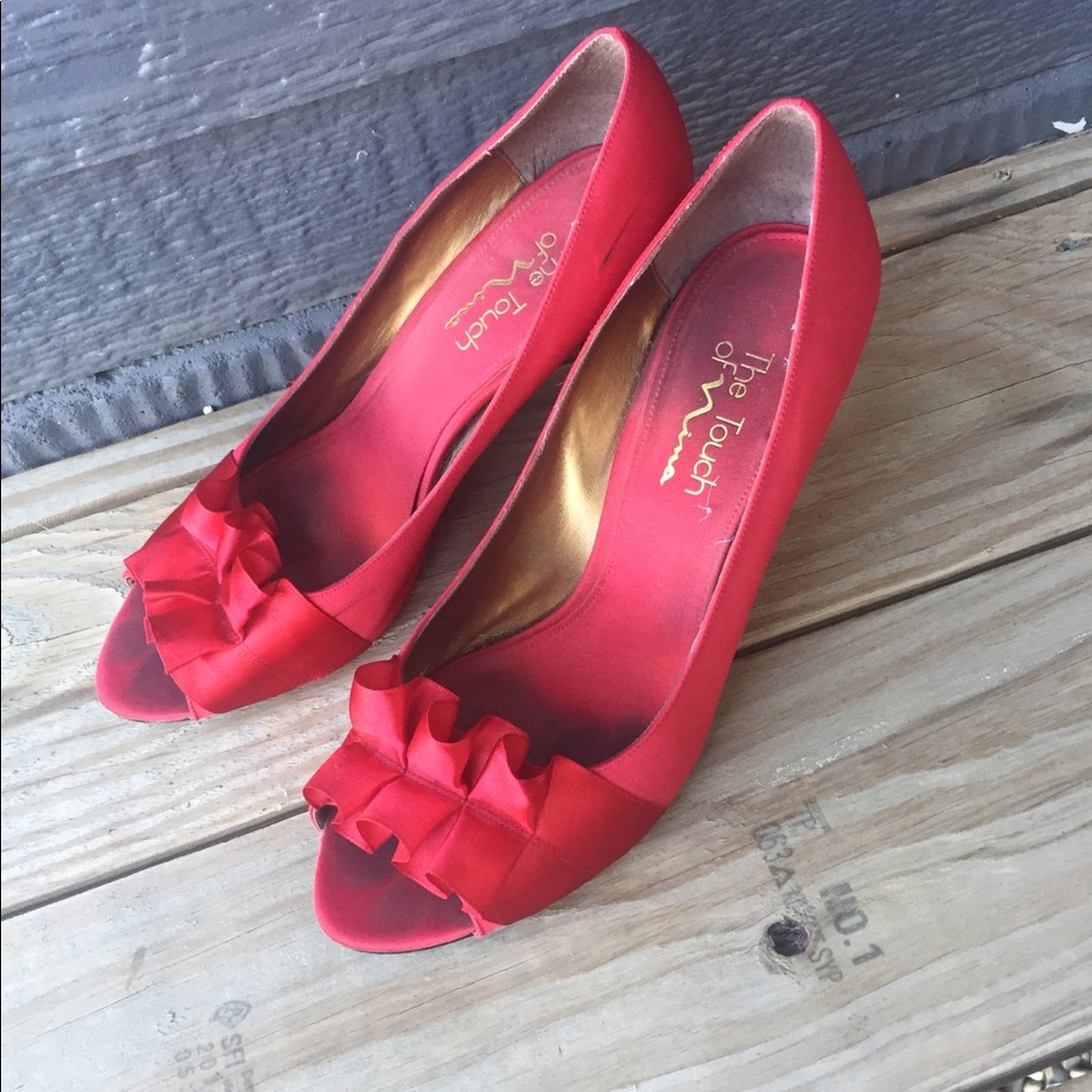 Red Ruffle Satin Heels