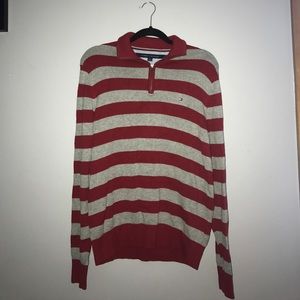 TOMMY HILFIGER Red&Gray Striped quarter zipSweater