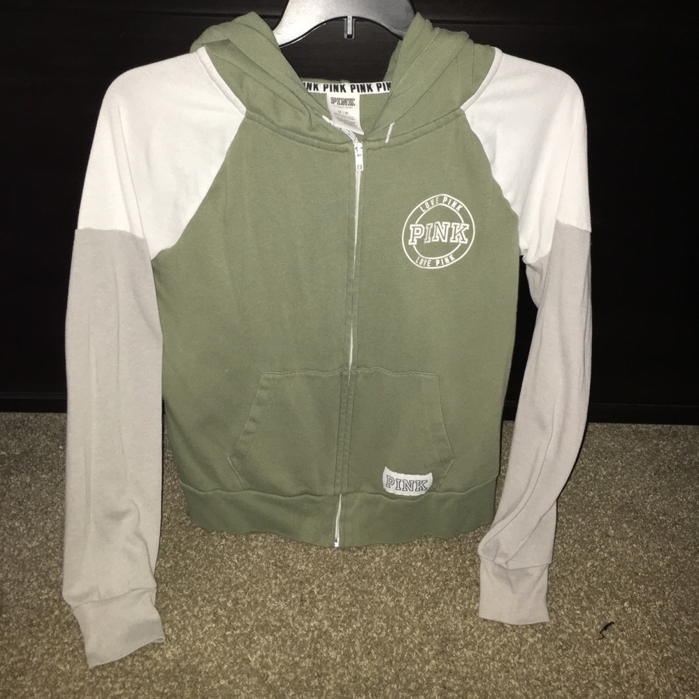 Green white and grey zip up hoodie