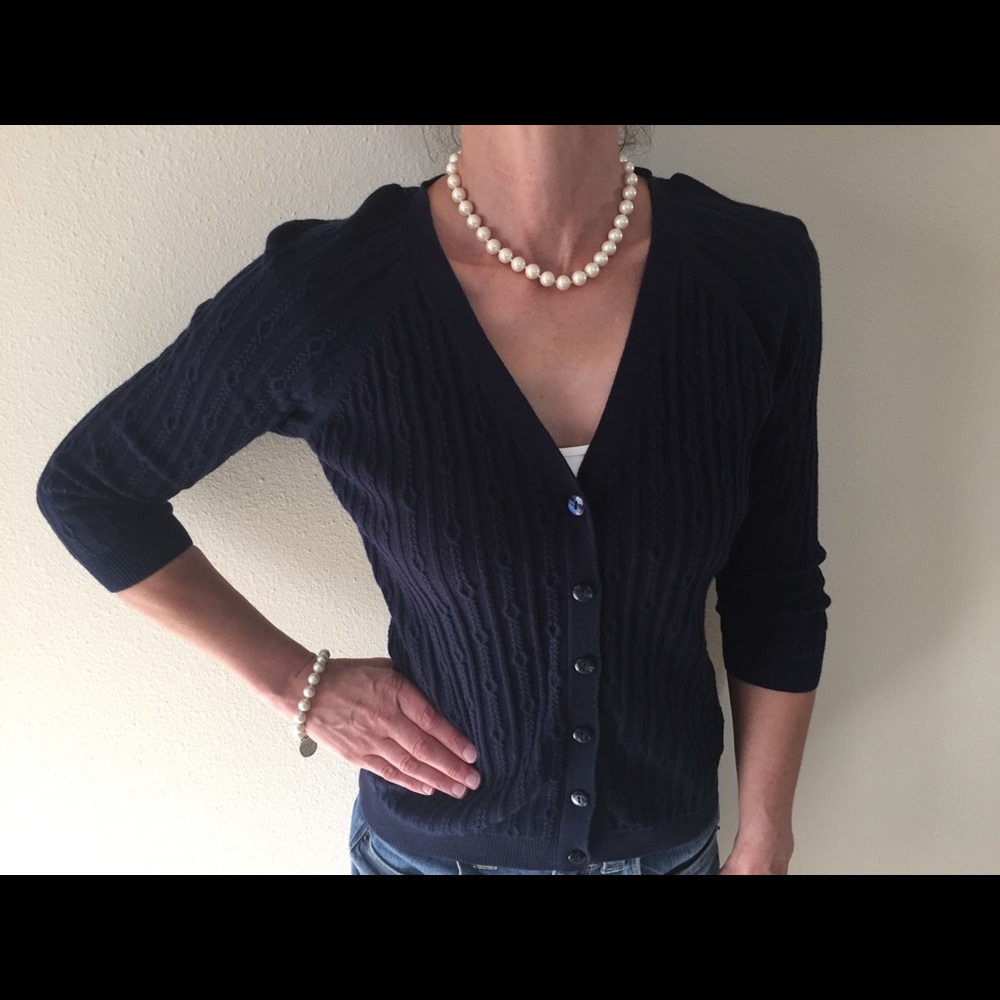 Talbots 3/4 Sleeve Cable Cardigan Sweater- Navy