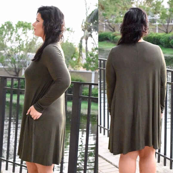 Olive Longsleeve Swing Dress with Pockets - Picture 2 of 2