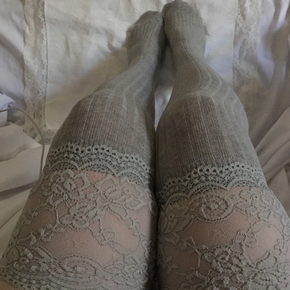 New! Gray Lace Top Thigh Highs - Picture 2 of 3
