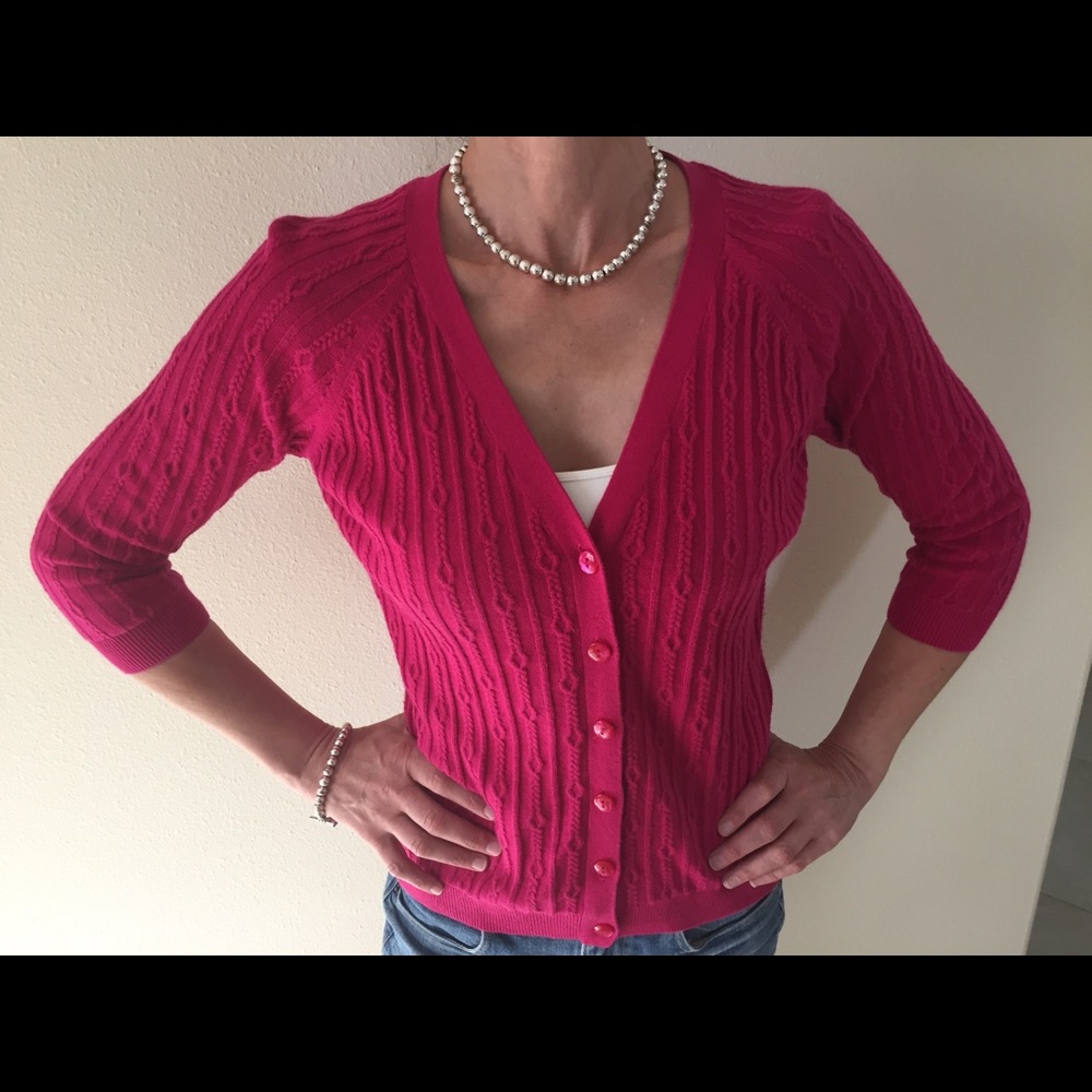 3/4 Sleeve Cable Cardigan Sweater-Magenta