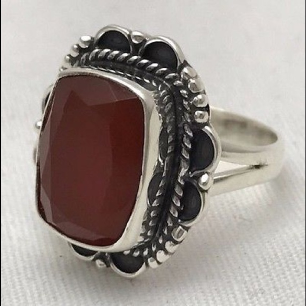 Genuine Carnelian Ring Detailed Faceted 925 Silver