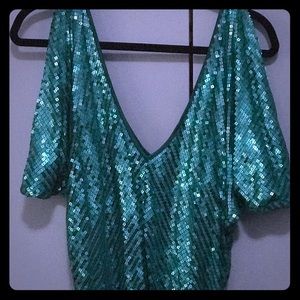 Long Green Sequin’s Top w/Satin Trim at the Bottom