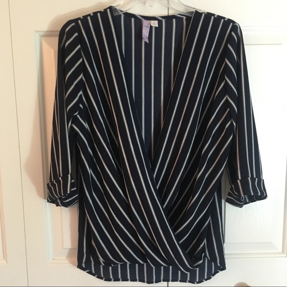 Navy and White striped draped wrap top