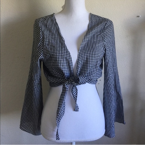 LF gingham bell sleeve tie front top - Picture 2 of 2