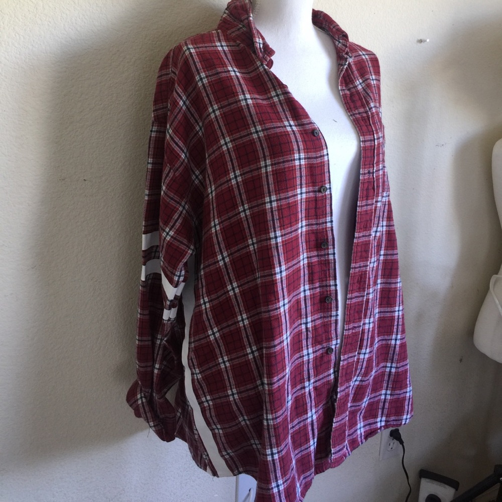 LF vintage red flannel with striped on the sleeve