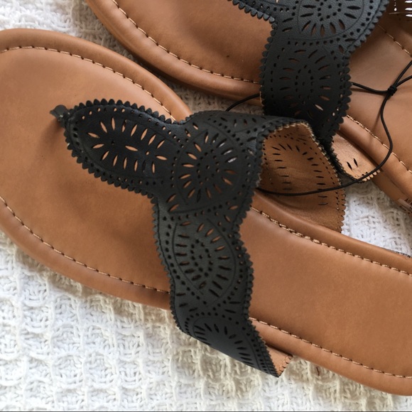 Just In! Black Lasercut Faux Leather Sandals - Picture 2 of 4