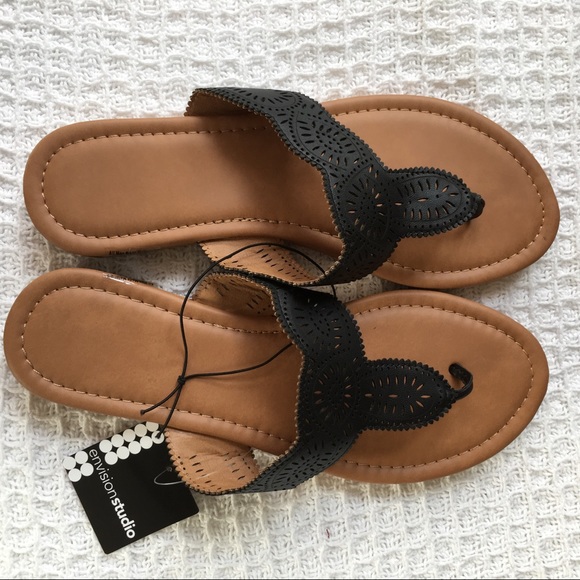 Just In! Black Lasercut Faux Leather Sandals - Picture 3 of 4