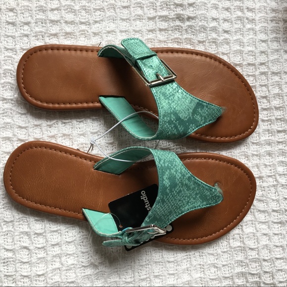 Metallic Teal Snakeprint Buckle Sandals New - Picture 5 of 6