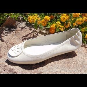 SALE Tory Burch Reva White Pebbled Leather Flats