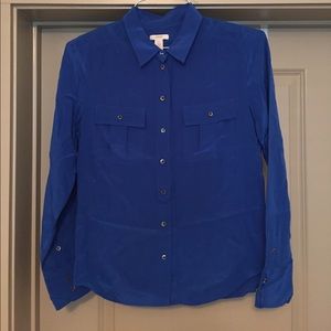 J. Crew Silk Cobalt Button Up Blouse
