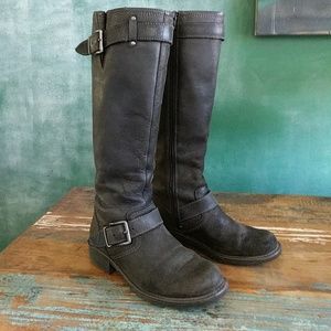 Black leather knee high Clarks moto boots