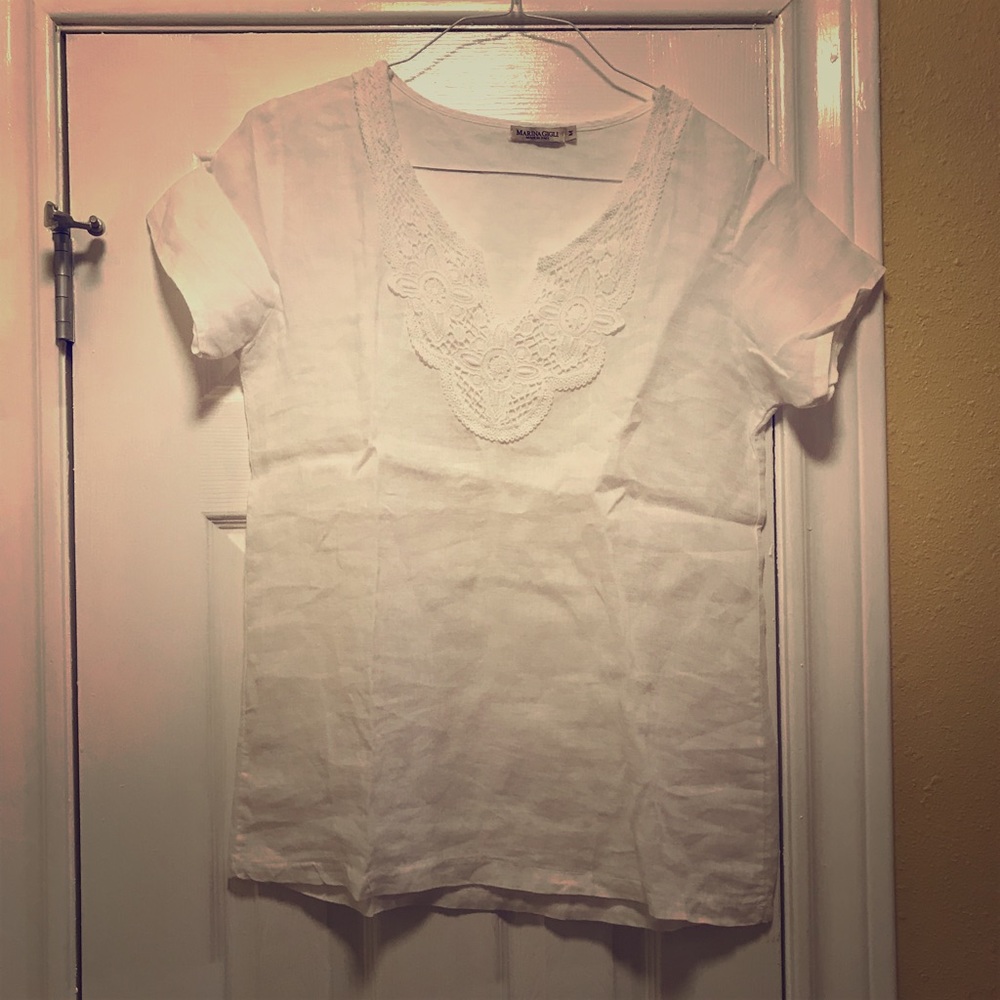 White Linen Top with lace neckline - Medium
