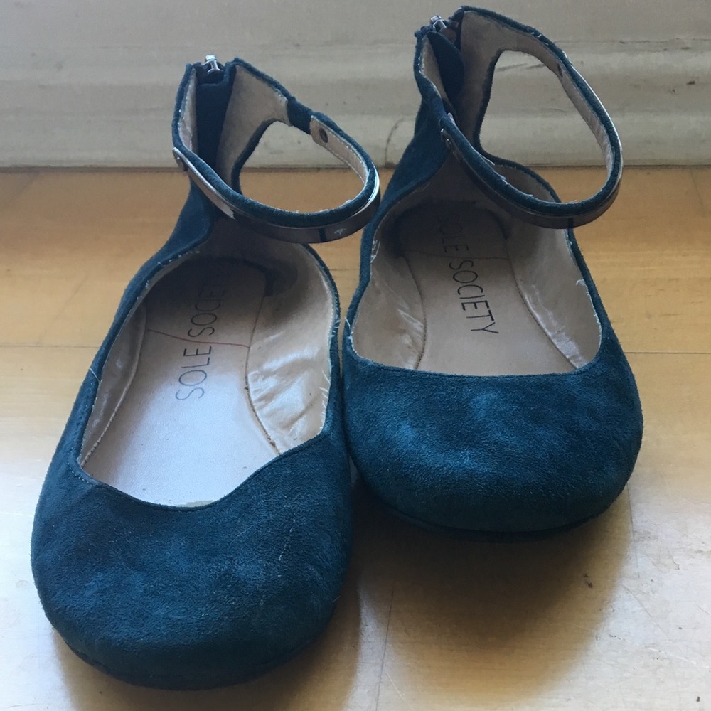 Sole Society Blue Suede material ankle strap flats